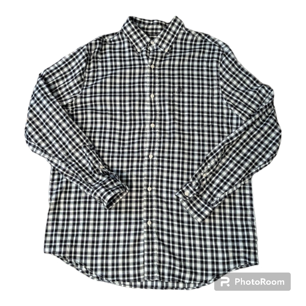 Chaps Stretchy Easy Care Black White Plaid LS Button Collar & Front. Men…